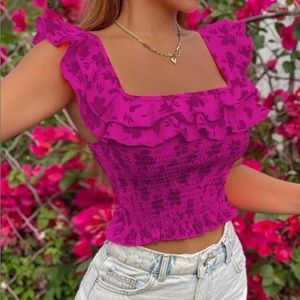 Floral Print Shirred Ruffle Trim Top